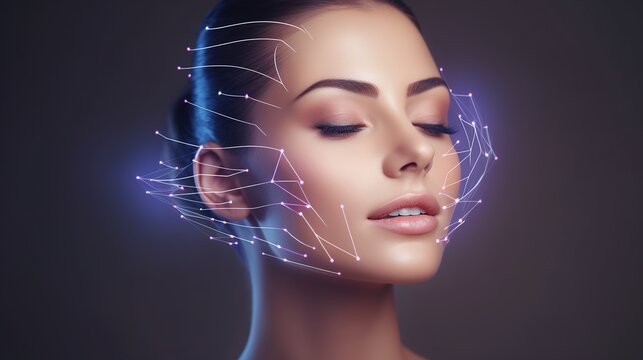 Lifting lines, advertising of face contour correction, female face skin lifting. Facial rejuvenation concept, cosmetology with generative ai
