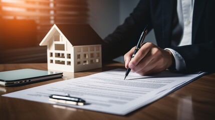 Real estate agent holding pen pointing at contract document for client to sign home purchase agreement with generative ai
