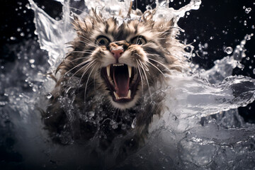Stubborn Splash: Defiant Cat Avoiding the Bath