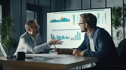 Accountant consulting an entrepreneur about company financial performance in an office with generative ai