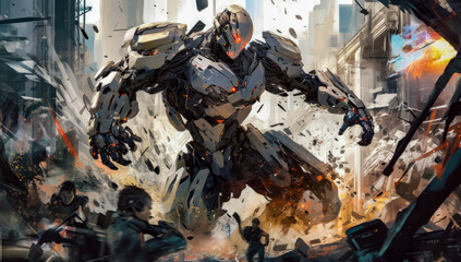 Painting of a giant combat robot in the middle of a battle in the city, epic scene, chaos and destruction