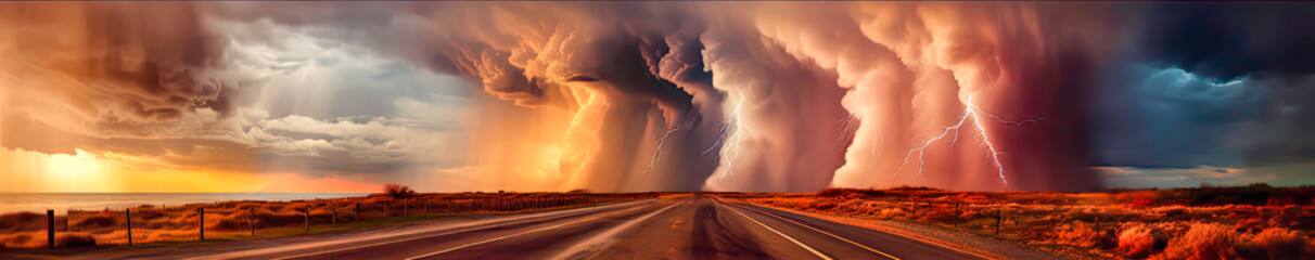 Many types of storms and inclement weather in a large picture, in a big road in desert