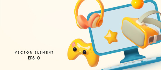 Computer, VR helmet, headphones, joystick and smartphone. Online gaming concept © feaspb