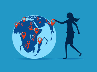 Expand business around the world. woman pinning branches on global map. vector
