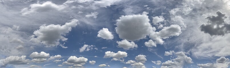 beautiful view of blue sky with fluffy clouds. panoramic view in sunny summer day.