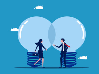 Business cooperation. business people negotiate together under two light bulbs vector