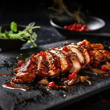 Chicken Teppanyaki, thinly sliced chicken mixed with a base of soy sauce, roughly ground red chili