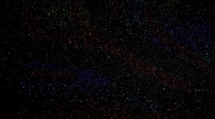 Graphic illustration, night sky and stars pattern. Colorful glowing stars, purple, yellow, blue, green, red.