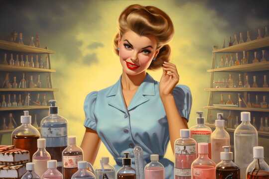 vintage painting of beautiful nurse woman working at drugstore made with generative ai