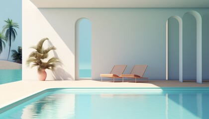 A serene and calm poolcore scene, featuring a minimalistic design. This image encapsulates the tranquility of poolside moments, evoking a sense of peace and relaxation