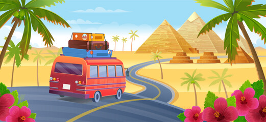  Road trip vacation by car on highway to the pyramids. Summer landscape with red car with luggage, palm, Egyptian pyramids and flowers, vector cartoon illustration