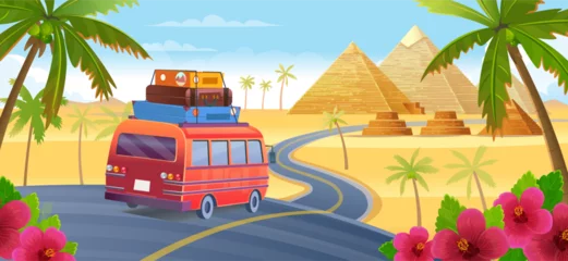 Peel and stick wall murals Cartoon cars  Road trip vacation by car on highway to the pyramids. Summer landscape with red car with luggage, palm, Egyptian pyramids and flowers, vector cartoon illustration