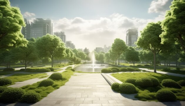 A serene green city park scene, devoid of people. The essence of urban green spaces, oases of calm amid bustling city life