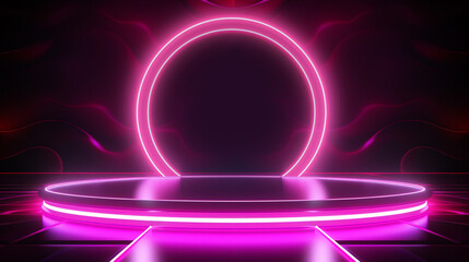 Circle stage pink neon light dark background