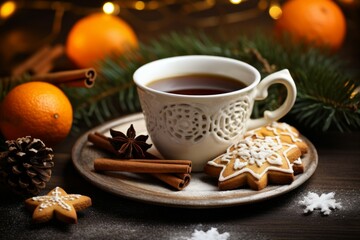 Obraz na płótnie Canvas Christmas tea or coffee cup cookies. Generate Ai