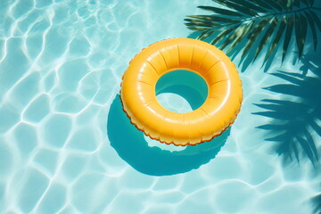 Fototapeta na wymiar inflatable yellow ring floating on tropical pool surface in sunshine with nobody, made with generative ai