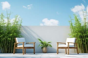 Courtyard bamboo chairs plants. Generate Ai