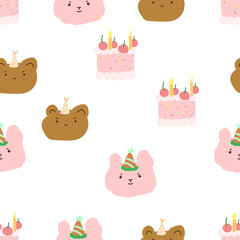 seamless pattern rabbit and bear birthday doodle isolated on white background