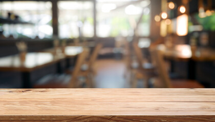 Wooden board empty Table Top And Blur Interior over blur in coffee shop Background, Mock up for display of product.