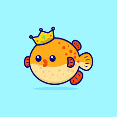 cartoon puffer fish cute with crown logo design character vector