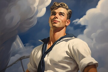 vintage painting of young blond sailor romance novel cover style, made with generative ai
