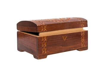 Old handmade wooden casket isolated on white