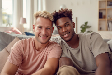 Fototapeta premium Happy multiracial gay male couple sitting in lounge room, showing love and togetherness in a diverse relationship.