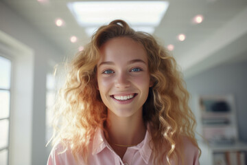 Stylish blonde girl with long wavy hair standing in a modern lounge room, looking confident and happy.