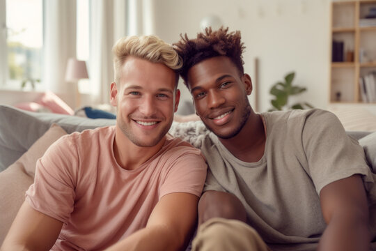 Happy multiracial gay male couple sitting in lounge room, showing love and togetherness in a diverse relationship.