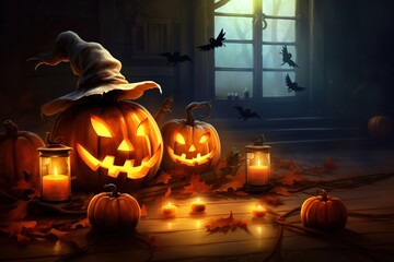Halloween pumpkins, spooky trees and haunted house with moonlight on dark background. Generative AI