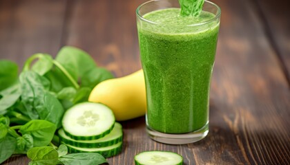 althy food and vegan diet concept - glass of fresh green juice or smoothie with kiwi, spinach, banana, apple. Antioxidant detox beverage, raw ingredients. Close up, wooden background, copy space