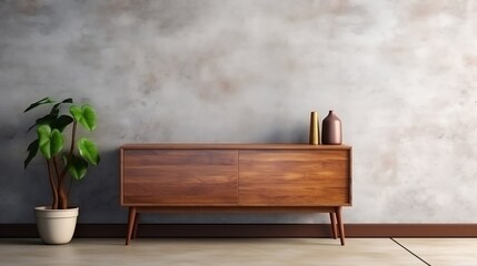 Wooden rustic chest of drawers near the wall Interior design of modern living room generative ai