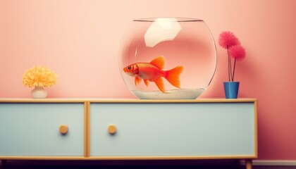 Aquarium with a cute goldfish in a girls room near pink wall, retro modern interior house pet