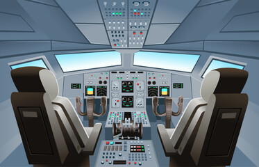 Airplane cockpit view with panel buttons, dashboard control and pilot's chair. Airplane pilots cabin. Cartoon vector illustration.