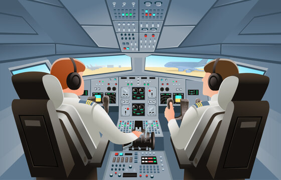 Airplane cockpit view with panel buttons, dashboard control and pilot's chair with pilots. Airplane pilots cabin. Cartoon vector illustration.