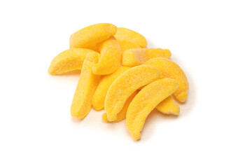 Juicy colorful jelly banana sweets isolated on white.