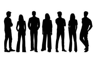 Vector silhouettes of  men and a women, a group of standing   business people, profile, black  color isolated on white background