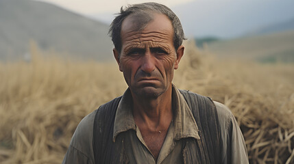 Portrait of sad farmer about his field crop failure  - obrazy, fototapety, plakaty