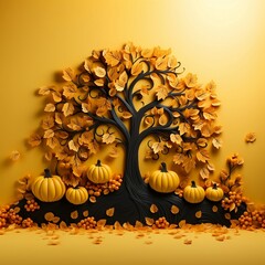 Autumn decoration background with pumpkin, tree, orange leaves, 3d illustration, generative AI