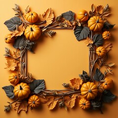 Fototapeta premium Square frame with pumpkin autumn tree on yellow orange background copy space text, 3d illustration, generative AI