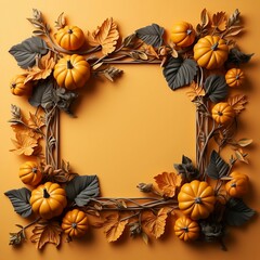 Square  frame with pumpkin autumn tree on yellow orange background copy space text, 3d illustration, generative AI