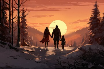 Family forest winter sunset walk. Generate Ai