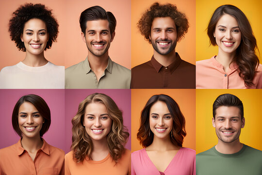 Collage of portraits and faces of smiling multiracial group of various young diverse people for profile picture on colorful background. Diversity concept. Generative Ai.