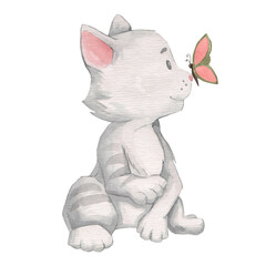 Watercolor cute cat on a white background. cute pet, love pet