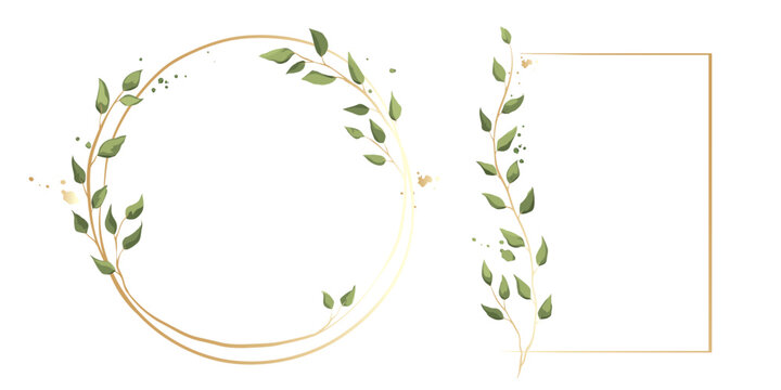 Floral frames with branches and leaves. Vector illustration in a watercolor style for Wedding invitation, a frames of green leaves and gold borders.
