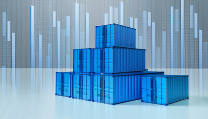 Stack of blue containers box with digital graph chart, import export business, 3d rendering