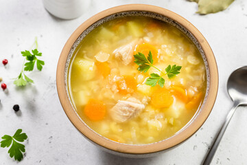 Comfort food, split pea soup in bowl. Top view, copy space, flat lay.