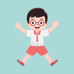 Vector Illustration of Indonesian Elementary School Cute Little Boy in White and Red Uniform. Kid Cartoon Concept in Flat Style.