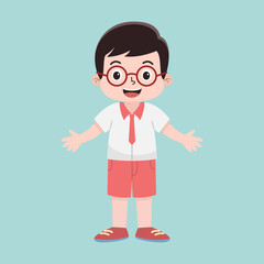 Vector Illustration of Indonesian Elementary School Cute Little Boy in White and Red Uniform. Kid Cartoon Concept in Flat Style.