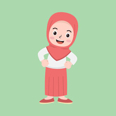 Vector Illustration of Indonesian Elementary School Cute Little Muslim Girl in White and Red Uniform. Kid Cartoon Concept in Flat Style.